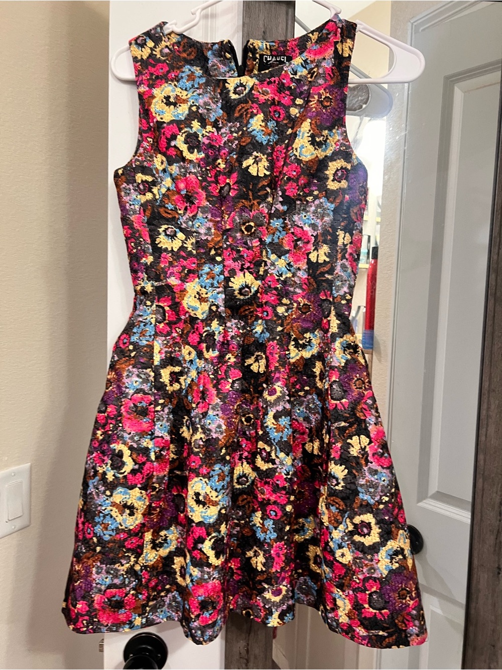 CHANEL Multicolor Floral Fit-and-Flare Dress — Black, Pink, Blue, Gold